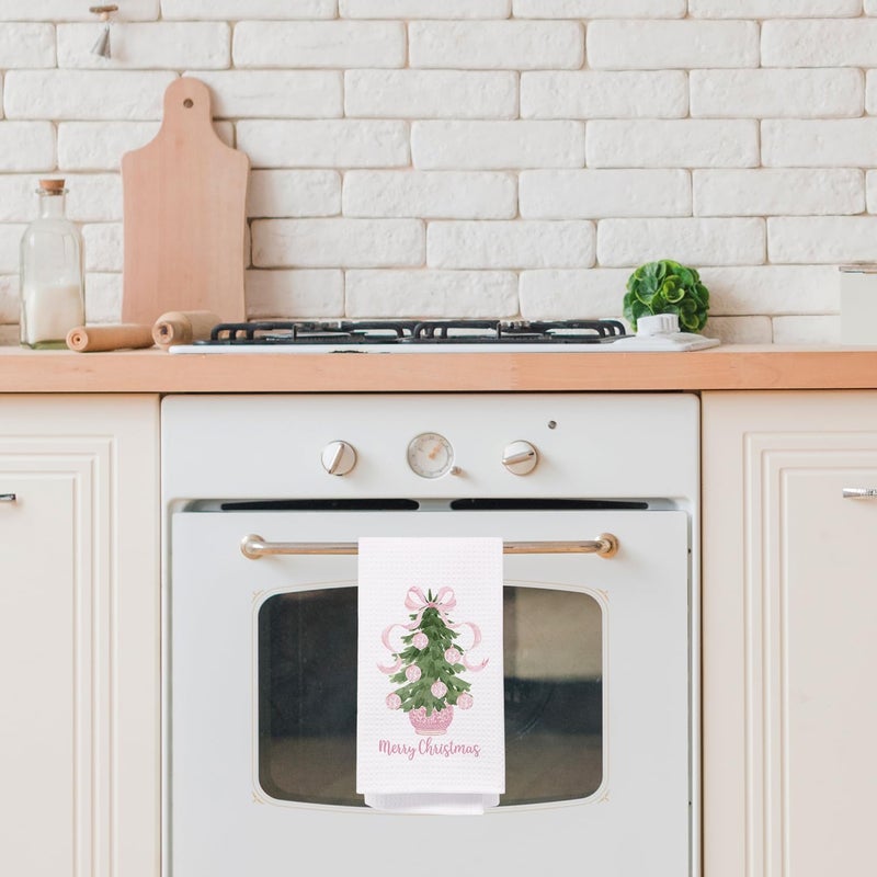 SPBL&L Merry Chinoiserie Christmas Kitchen Towels, Pink Bow Tree Decorative Hand Towels for Bathroom, Dish Towels, Kitchen Bathroom Decor, 16x24 Inch - Image 2